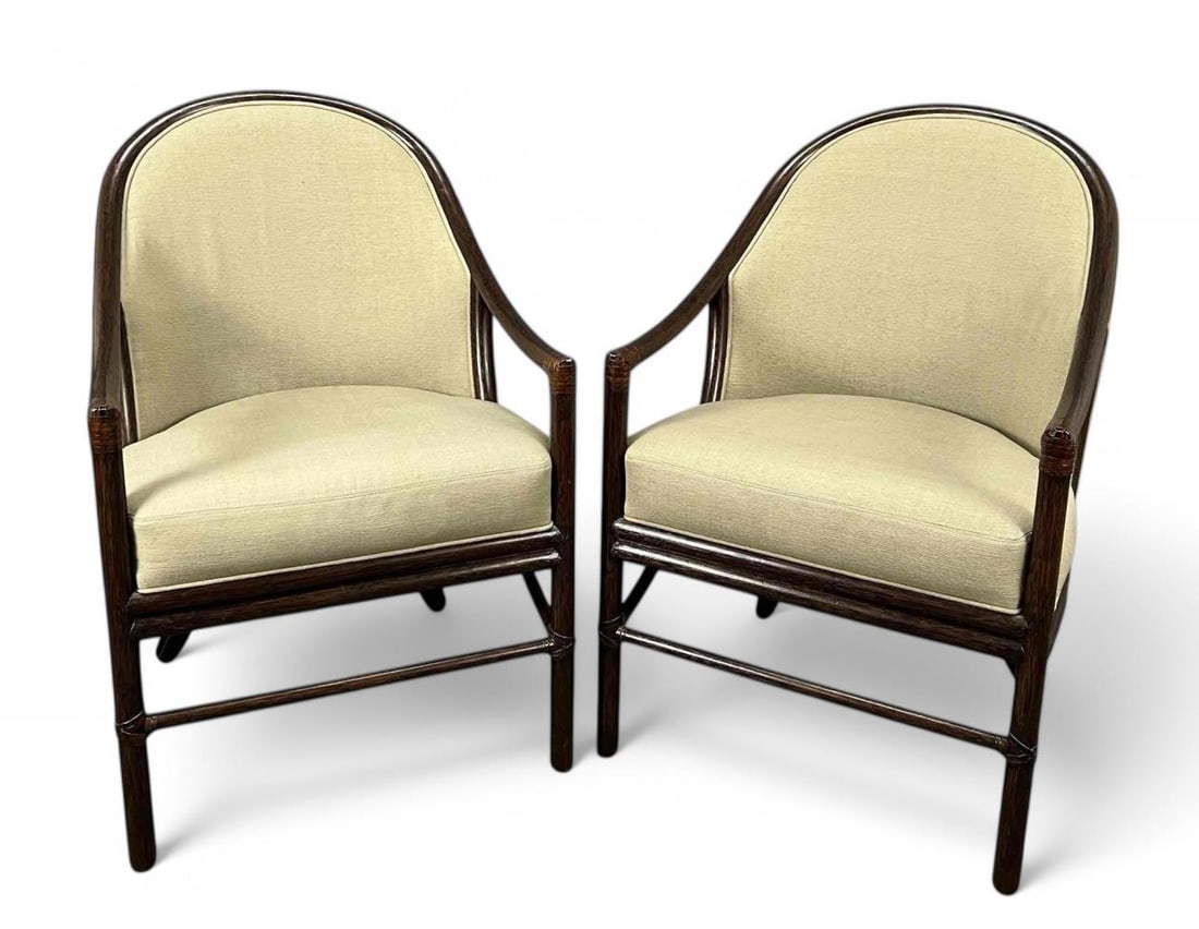 Orlando Diaz-Azcuy For McGuire Furniture, Pair Of "Aria" Rattan Arm Chairs: Orlando Diaz-Azcuy For McGuire Furniture, Pair Of "Aria" Rattan Arm Chairs. Taupe upholstery with Dark Tobacco wood finish. Each approximately 37.5H x 24.0W x 27.0D in.