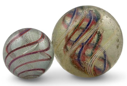Two Large Antique Transparent Swirl Marbles, One With Latticino Core