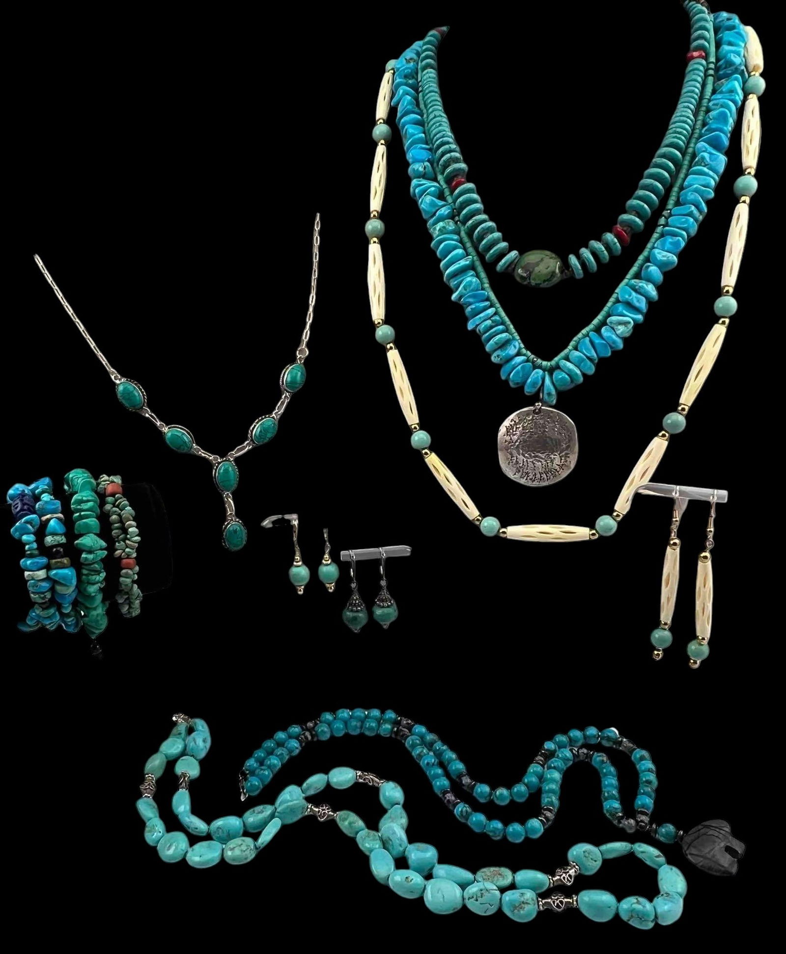 Lot Of Turquoise & Other Beaded Jewelry, Including Sterling Silver: Lot Of Turquoise & Other Beaded Jewelry, Including Sterling Silver. Includes bracelets, necklaces, and earrings. Necklace with silver dollar pendant approximately 25.0 long, pendant approximately 1.5L