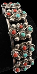 Vintage Native American Old Pawn Turquoise & Coral Petit Point Cuff Bracelet