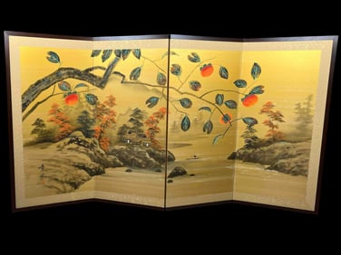 Asian Painted Four Panel Screen With Persimmon Tree & Forest Scene
