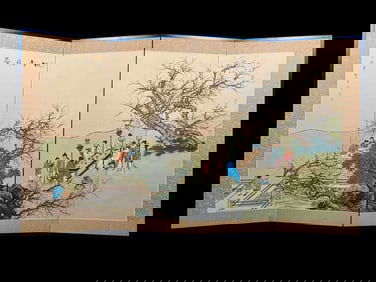 Asian Painted Screen With Cherry Blossom Scene
