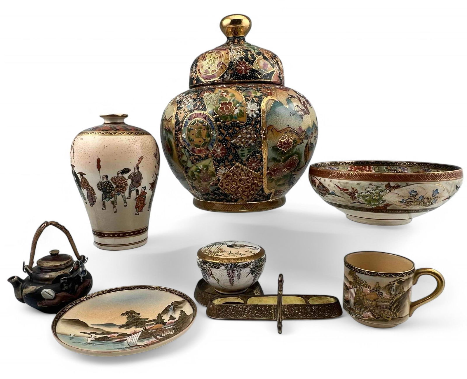 Grouping Of Japanese Satsuma Porcelain: Grouping Of Japanese Satsuma Porcelain. Largest piece (lidded urn) approximately 8.125H x 6.5W in. Smallest piece (Demitasse cup) Approximately 2.0H x 3.0W x 2.125D in.PLEASE NOTE THAT WINNING BIDDERS