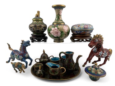 Lot Of Chinese Cloisonne Miniatures, Including Horse Figures & Tea Set