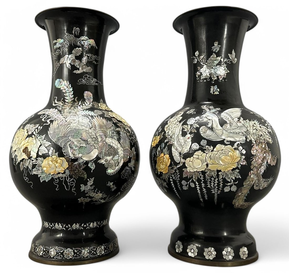 Pair Of Asian Mother Of Pearl Inlay Lacquered Brass Floor Vases (1 of 20)