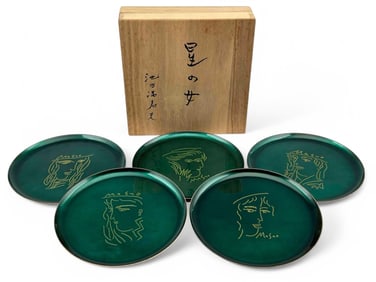Masuo Ikeda, "Woman Of The Stars" Set Of Japanese Modern Cloisonne Small Plates Or Dishes