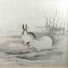 Kono Bairei, Portrait Of Black & White Rabbits, Watercolor On Paper