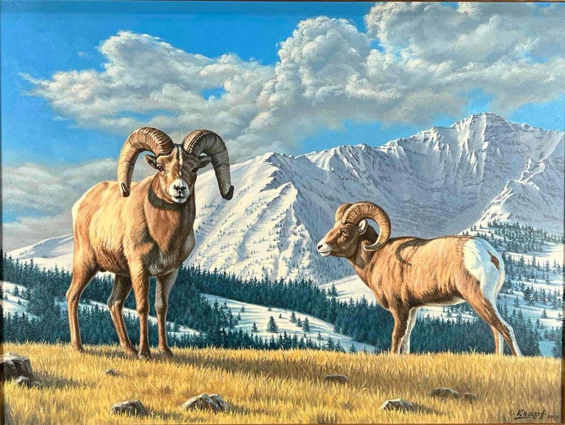 Paul Krapt (American, 1927-2019), Rams On The Ridge, Oil On Board: Paul Krapt (American, 1927-2019), Rams On The Ridge, Oil On Board. Signed "Krapf 2008" lower right. Titled on verso. As framed approximately 27.75W x 21.75H x 1.375D in. Sight approximately 23.625W x 