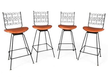 Arthur Umanoff, Set Of Four Wrought Iron Swivel Top Bar Stools