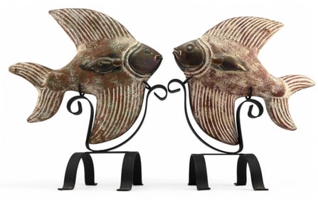 Pair Of Mexican Brass Mounted Pottery Fish With Wrought Iron Stands