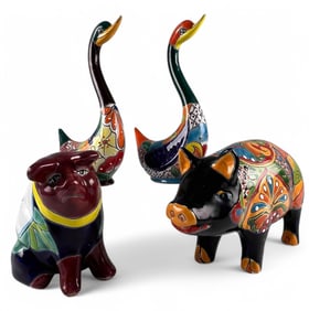 Mexican Talavera Pottery Pig & Goose Figures