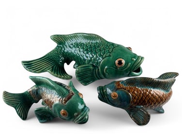Grouping Of Large Pottery Fish Garden Sculptures