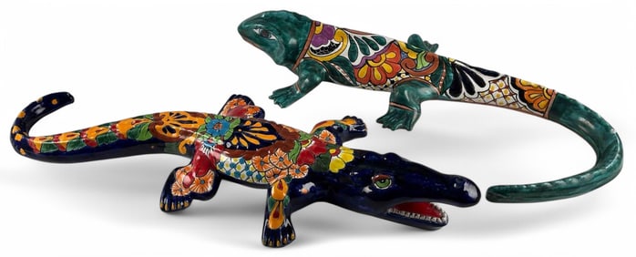 Large Mexican Talavera Pottery Alligator & Iguana