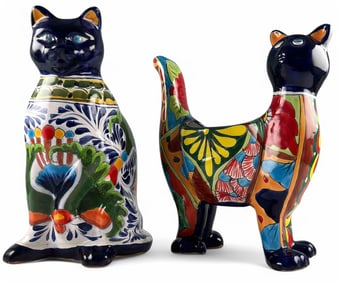 Mexican Talavera Pottery Cat Jardiniere & Figure