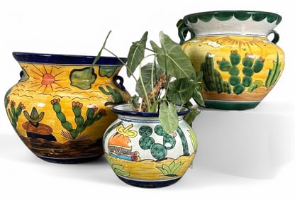 Three Mexican Hand Painted Talavera Pottery Planters With Cactus Motif