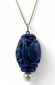 10K Chinese Carved Lapis & Pearl Necklace