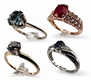 Four 14K Gem Set Rings Including Diamond, Sapphire