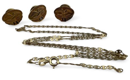 Three 10K Gold Pins, One With Diamond, & Necklace