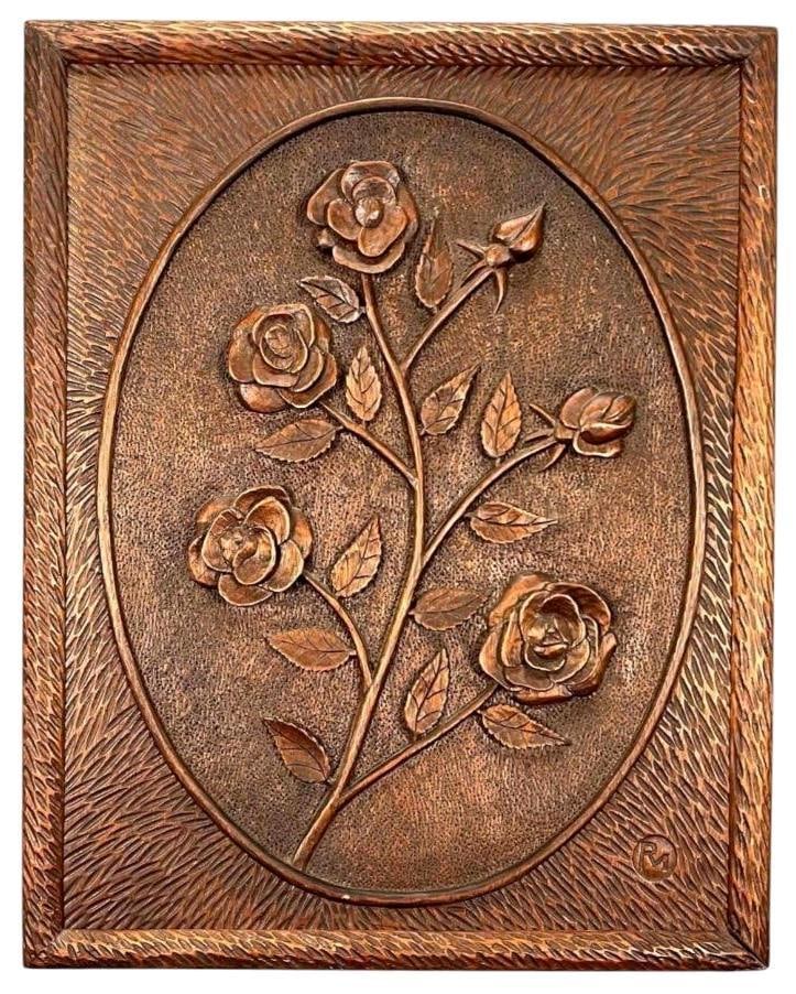 Folk Art Carved Wood Panel With Rose Motif (1 of 10)