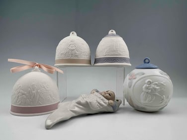 Five Lladro Porcelain Christmas Ornaments & Bells With Original Boxes