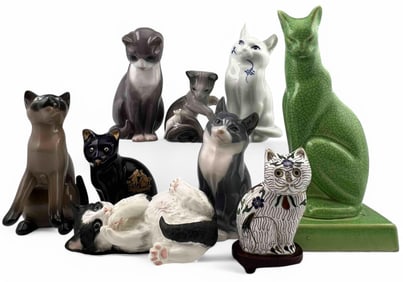 Grouping Of Porcelain & Cloisonne Cat Figures Including Lladro, Royal Copenhagen, Bing & Grondahl