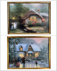 Thomas Kinkade, Skater's Pond & Collector's Cottage, Two Hand Highlighted Canvas Lithographs