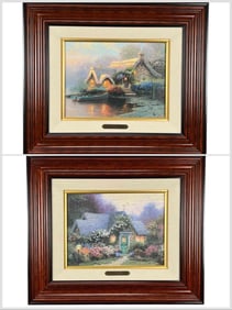 Thomas Kinkade, Two Hand Highlighted Canvas Lithographs Of Cottages.