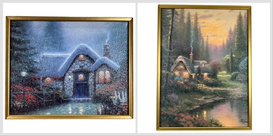 Thomas Kinkade, Two Hand Highlighted Cottage Canvas Lithographs