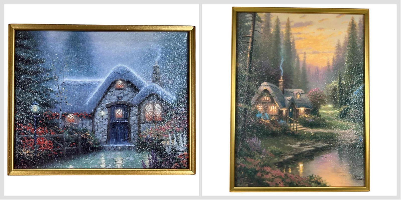 Thomas Kinkade, Two Hand Highlighted Cottage Canvas Lithographs (1 of 20)