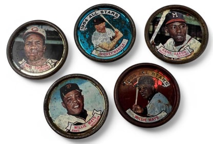 Five Topps Baseball Coins Including Willie Mays, Mickey Mantle