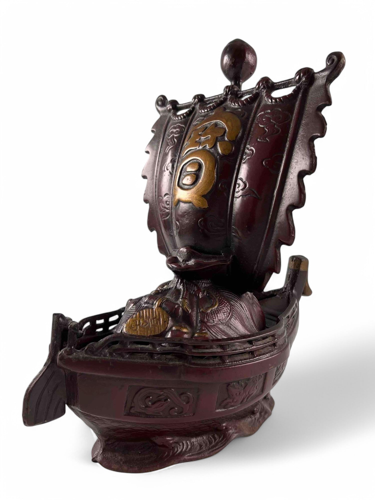Japanese Iron Takarabune (Treasure Ship): Japanese Iron Takarabune (Treasure Ship). Approximately 12.875H x 10.875L x 5.5W in.PLEASE NOTE THAT WINNING BIDDERS DO NOT NEED TO SELECT THE LIVESHIPPING OPTION. OTHER SHIPPERS ARE LISTED IN OUR SHI