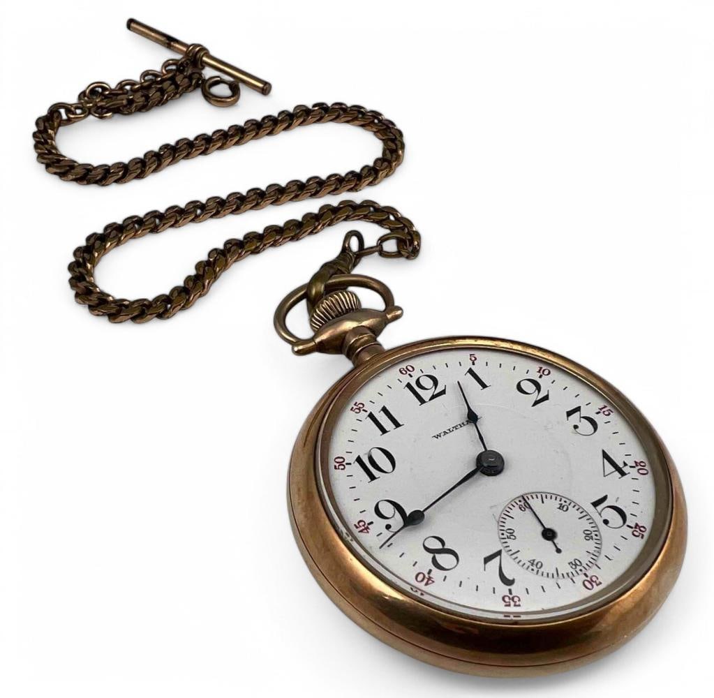 Waltham P.S. Bartlett 17 Jewel Pocket Watch: Waltham P.S. Bartlett 17 Jewel Pocket Watch. Gold Filled Case. Not running. Approximately 2.75H x 2.25W in. Chain approximately 13.5L x 0.1875W in.
