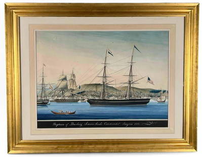 Italian School Ship Portrait, "Neptune Of Duxbury Simeon Soule Commander, Smyrna, 1833.", Unsigned: Portrait Of The Ship Neptune Of Duxbury, Massachusetts, Watercolor On Paper. Titled "Neptune Of Duxbury Simeon Soule Commander, Smyrna, 1833." As framed approximately 31.125W x 24.125H x 1.25D in. Sig