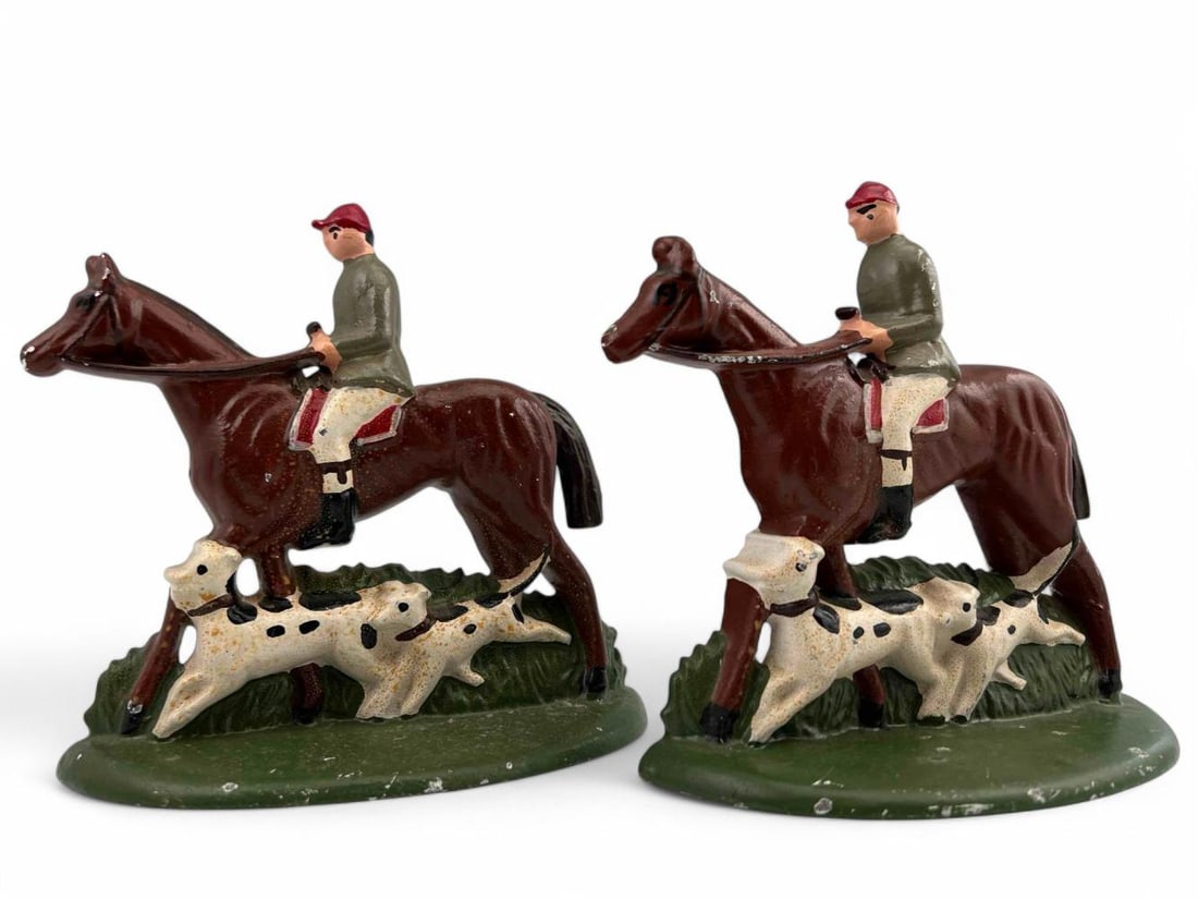Cast Iron Fox Hunt Bookends: Cast Iron Fox Hunt Bookends. Each approximately 6.1875H x 6.5W x 2.25D in.