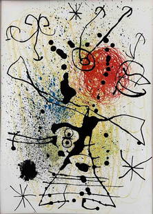 Joan Miro, Color Lithograph: Joan Miro, Color Lithograph. Sheet approximately 15.0H x 11.0W in. As matted approximately 20.0W x 16.0H in. Sight approximately 14.375H x 10.375W in.