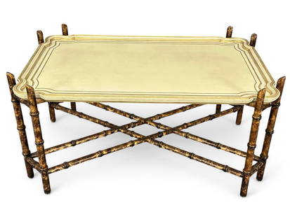 Baker Furniture Faux Bamboo Tray Top Coffee Table: Baker Furniture Faux Bamboo Tray Top Coffee Table. Tag attached to underside marked "Baker Furniture." Approximately 40.125L x 25.5W x 20.125H in.