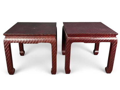 Pair Of Baker Furniture Asian Inspired Grasscloth Side Tables: Pair Of Baker Furniture Asian Inspired Grasscloth Side Tables. Tag attached to undersides marked "Baker Furniture." Each approximately 22.25H x 24.125W in.