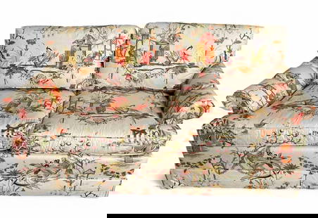 Baker Furniture Chinoiserie Upholstered Sofa: Baker Furniture Chinoiserie Upholstered Sofa. Features Hazelton "Chinese Garden" print fabric. Approximately 65.5W x 28.0H x 30.5D in.