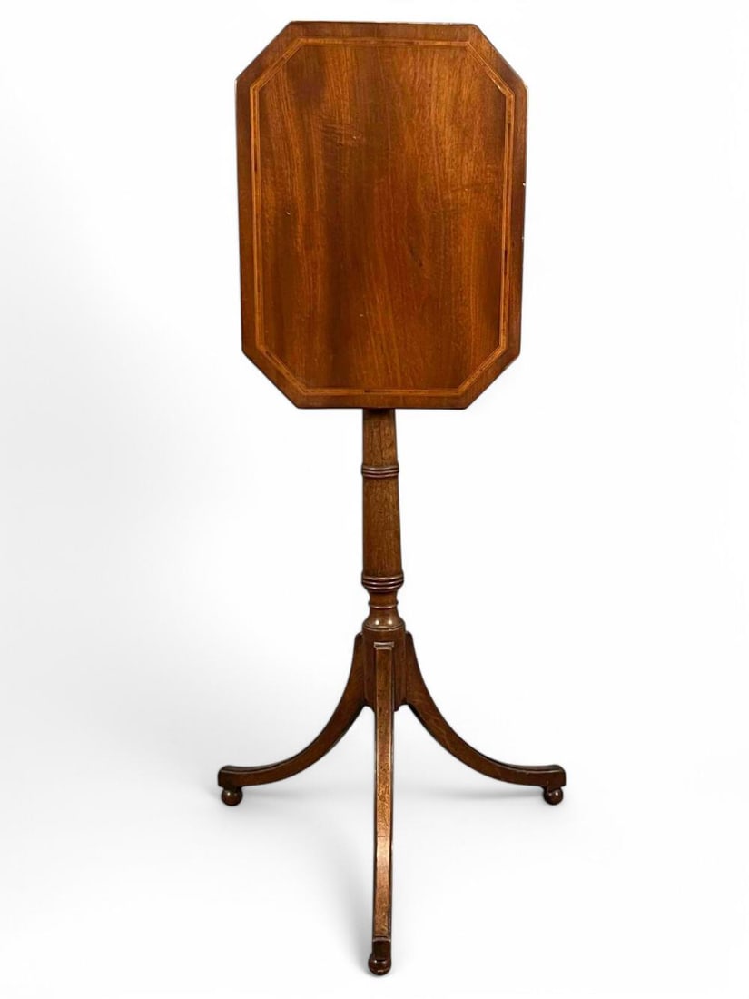 Inlaid Mahogany Tilt Top Candlestand: Inlaid Mahogany Tilt Top Candlestand. Approximately 29.25H x 16.0L x 12.0W in.