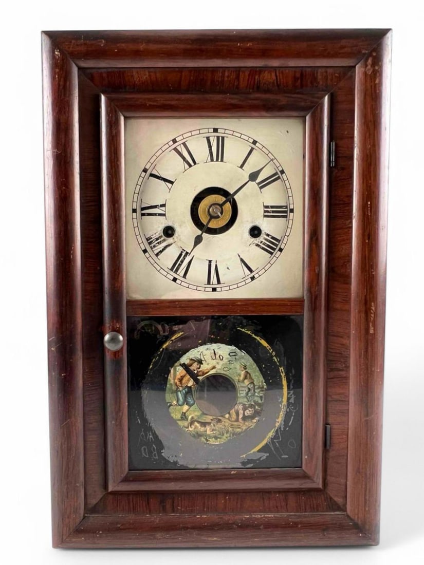 Seth Thomas Mantel Clock: Seth Thomas Mantel Clock. Includes key. Running at time of photography, unknown timekeeping accuracy. Chime operational. Approximately 16.375H x 10.5W x 4.0D in.