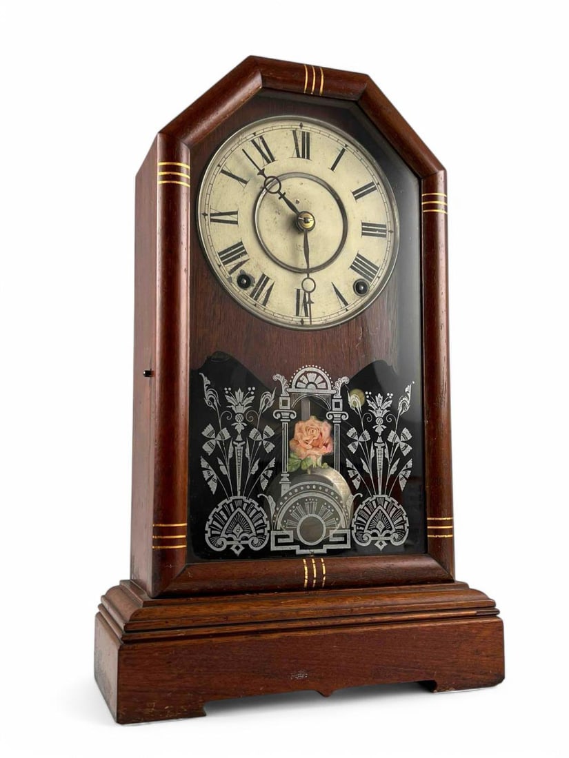 Seth Thomas Mantel Clock: Seth Thomas Mantel Clock. Key included. Running at time of photography, unknown timekeeping accuracy. Approximately 16.5H x 10.0W x 4.375D in.
