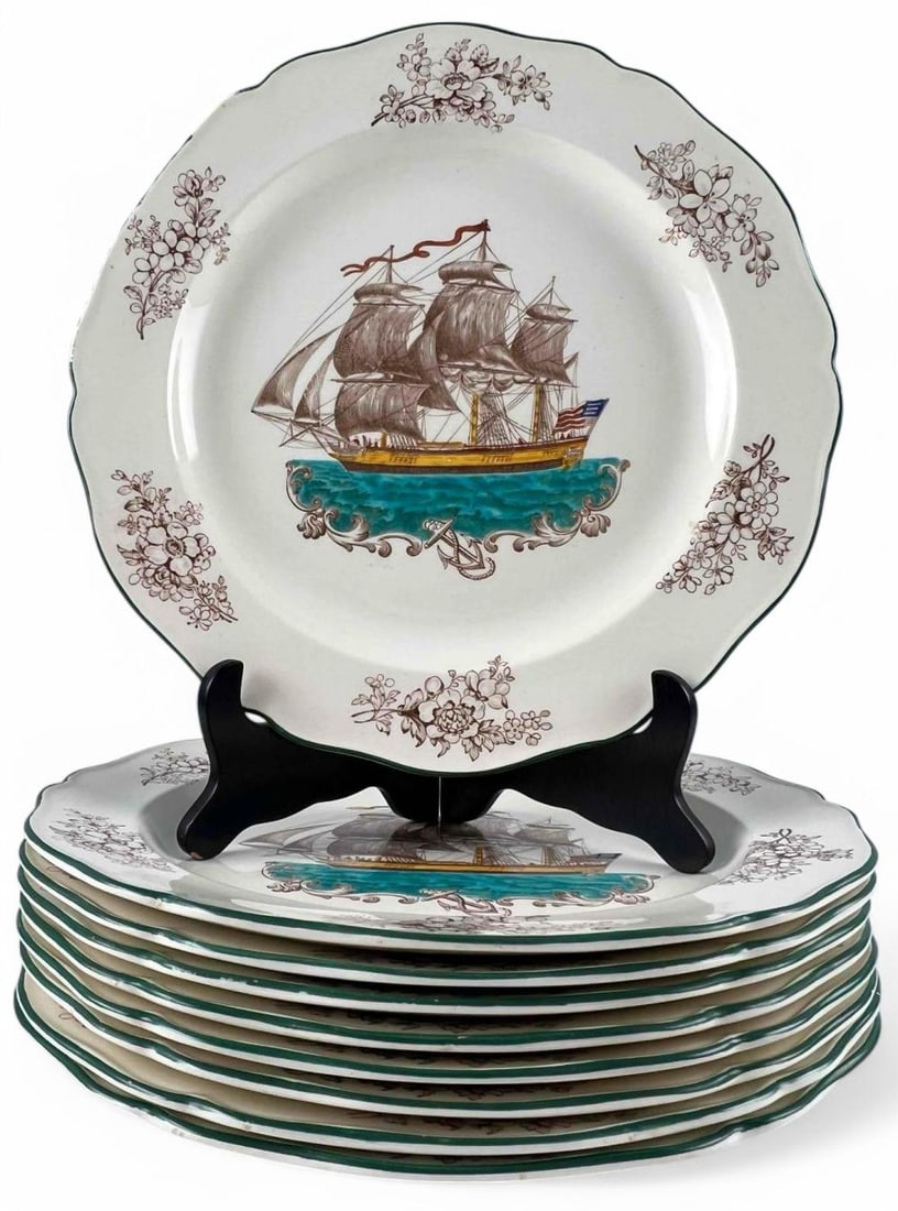 Wedgwood Creamware Plates With American Ship Decoration: Wedgwood Etruria Creamware Plates With American Ship Decoration, Set Of Eight Plus One. Marked "Wedgwood Etruria England AM 7716 14." Each approximately 10.0in.
