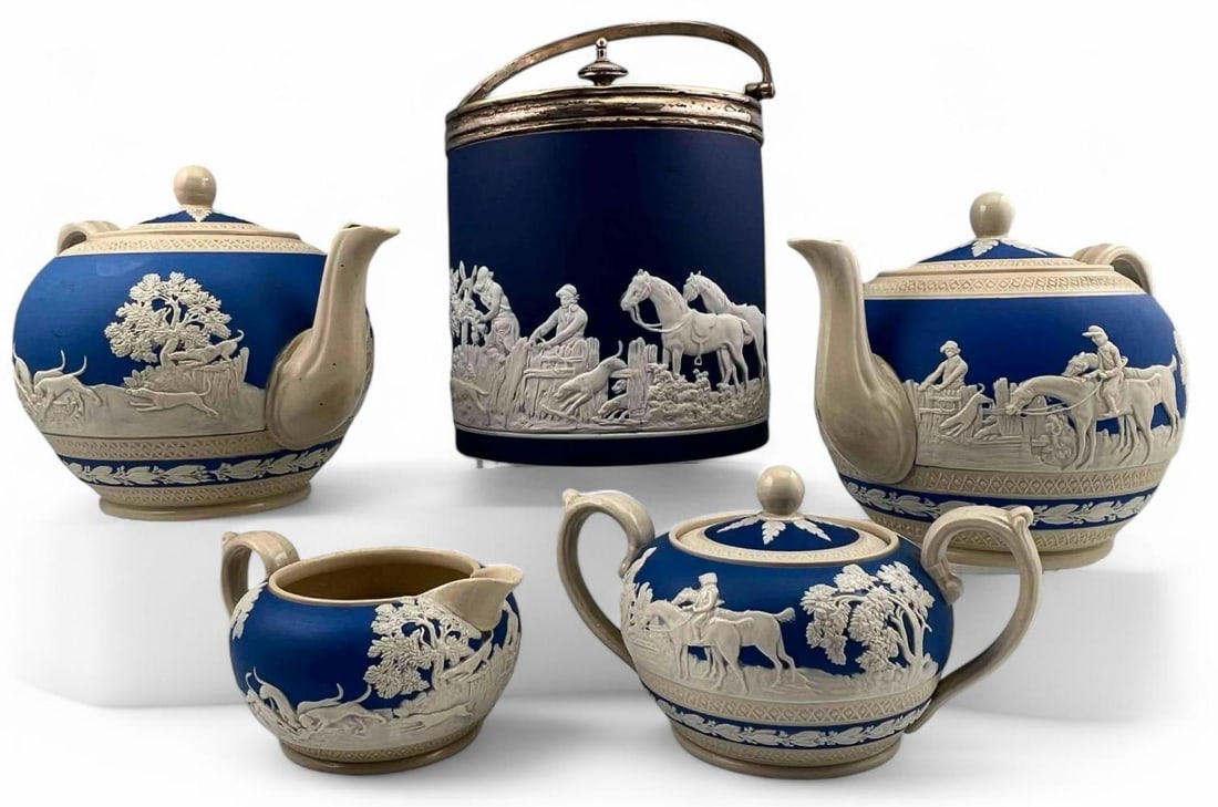 Five Pieces English Jasperware With Hunting Scenes: Five Pieces English Jasperware With Hunting Scenes, Including Copeland Spode. Four pieces marked "Copeland Spode England." Biscuit barrel unmarked, approximately 7.0H x 5.25W in. Teapots approximately
