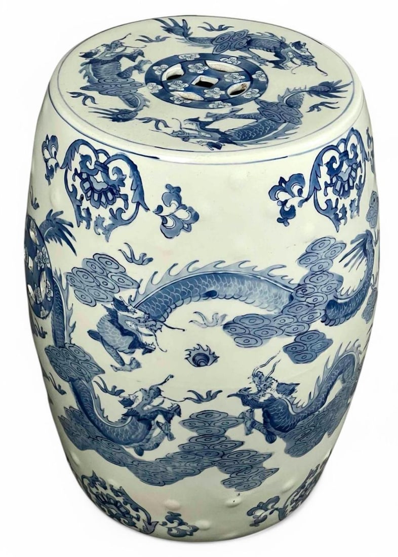 Chinese Blue & White Porcelain Drum Stool With Dragon Motif (1 of 9)