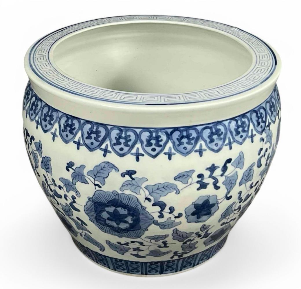Chinese Blue & White Porcelain Fish Bowl: Chinese Blue & White Porcelain Fish Bowl. Approximately 13.375H x 15.5W in.
