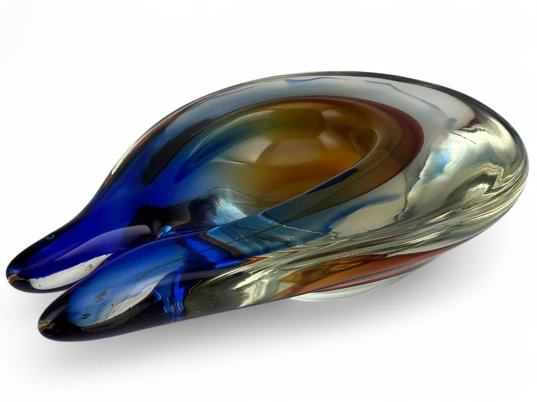 Murano Blue & Amber Art Glass Dish: Murano Blue & Amber Art Glass Dish. Approximately 7.5L x 5.25W x 2.0H in.