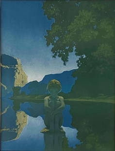 Maxfield Parrish, "Evening," Offset Lithograph: Maxfield Parrish, "Evening" Print. Marked "Reinthal & Newman, N.Y." As framed approximately 17.75H x 14.75W x 0.5D in. Sight approximately 13.5H x 10.5W in.