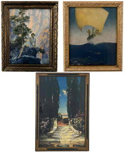 Three Prints After Maxfield Parrish & R. Atkinson Fox,: Three Prints After Maxfield Parrish & R. Atkinson Fox, Two In Original Art Deco Frames. Lot includes "Solitude" and "Prince Codadad," after Maxfield Parrish, and "The Sunny South" after R. Atkinson Fo