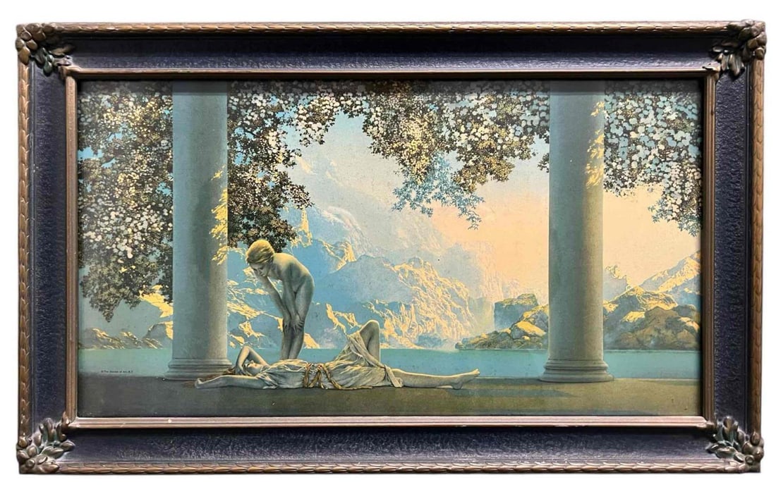 Maxfield Parrish (American, 1877-1966) Daybreak, Offset Lithograph, The House of Art, New York: Maxfield Parrish (American, 1877-1966) Daybreak, Offset Lithograph, The House of Art, New York. Original Art Deco frame. As framed approximately 20.375W x 12.375H x 0.875D in. Sight approximately 17.3