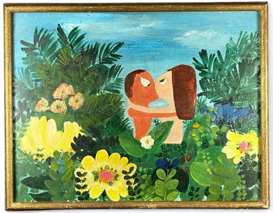 Outsider Art Oil on Board, Couple Kissing in a Jungle, Oil on Board, Unsigned: Outsider Art Oil on Board, Couple Kissing in a Jungle, Oil on Board, Unsigned. As framed approximately 27.75W x 21.75H x 2.0D in. Sight approximately 22.5W x 19.5H in.